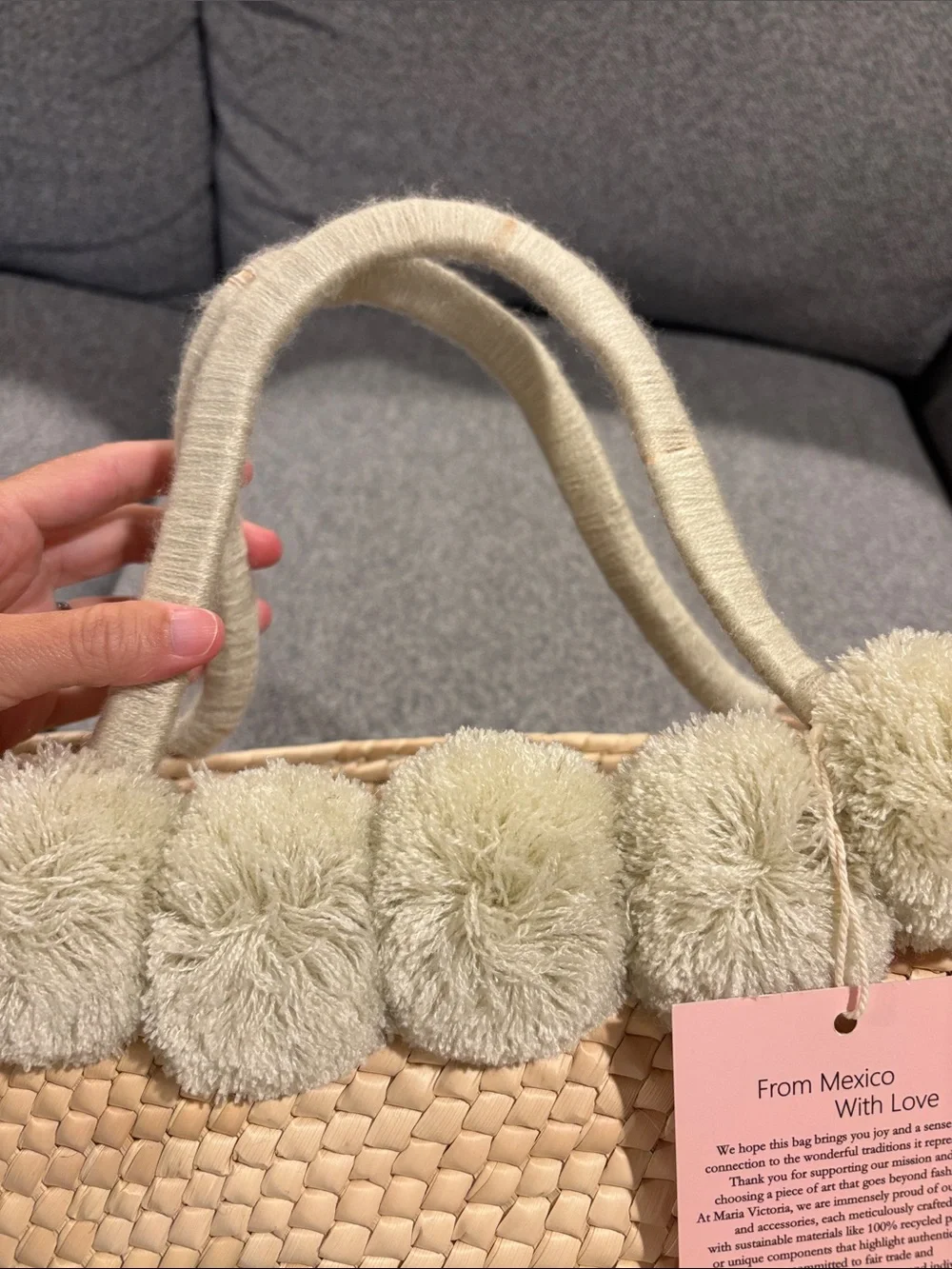 Maria Victoria Palma Nina Handwoven Straw Tote with Pom-Pom Trim - Natural
